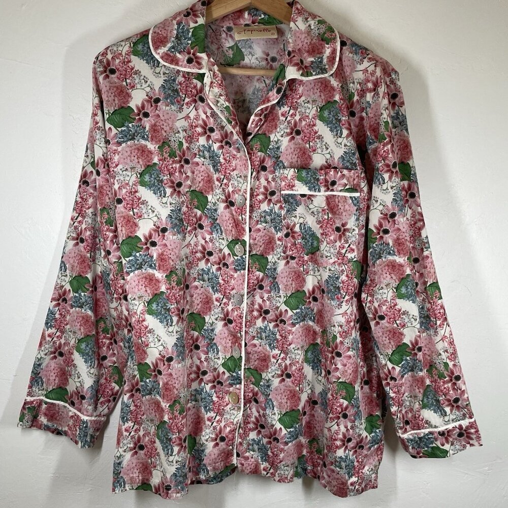 Papinelle Pajama Top Womens Sz M Pink Floral Print Button Closure Pocket Cotton